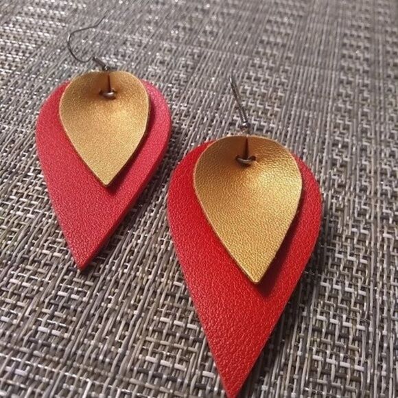 Red & Gold 2 Layered Drop Earrings - Picture 4 of 4